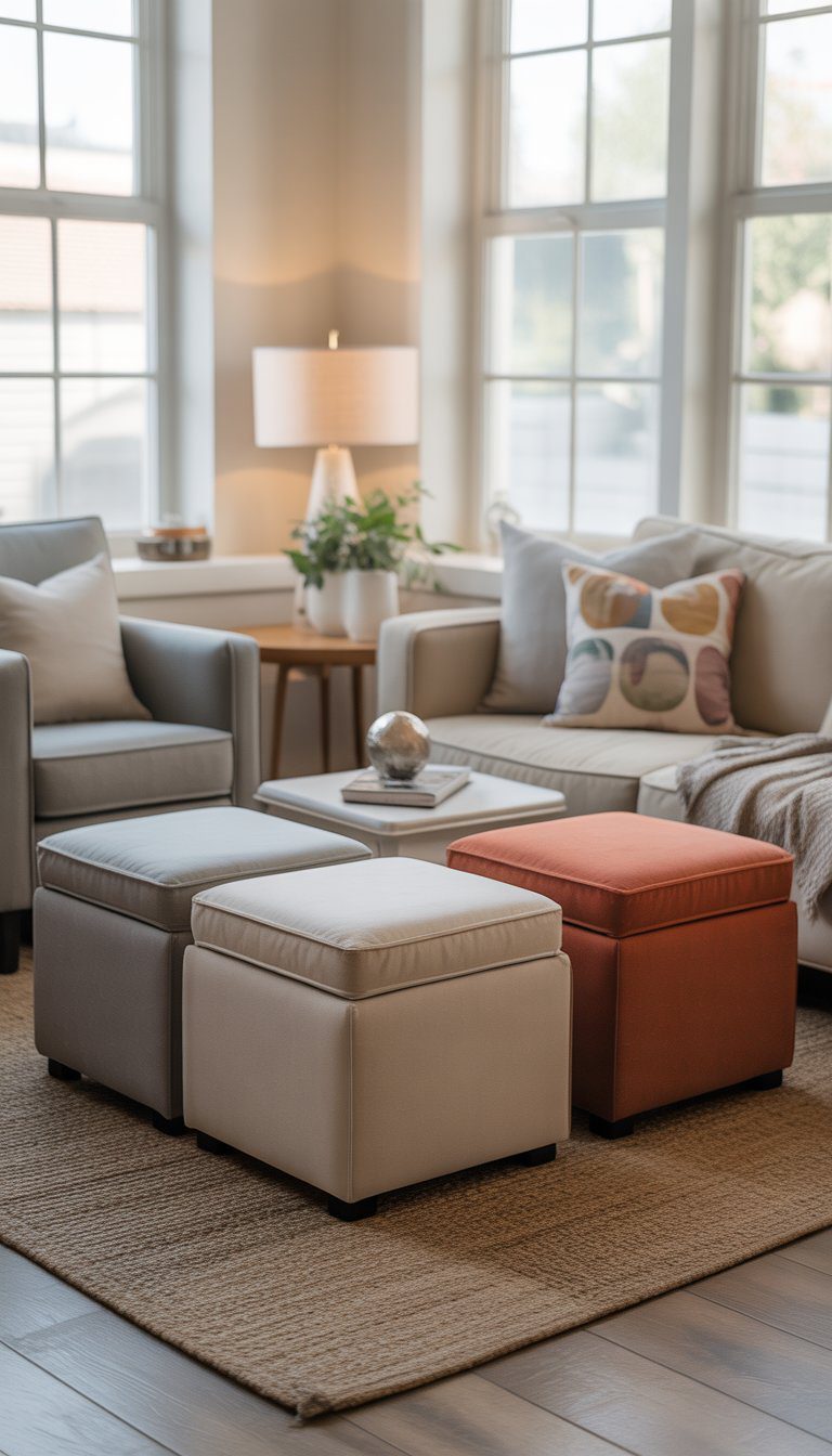 Small living room with Ottoman coffee tables used as extra seating in front of a sofa, with natural light and simple decor.