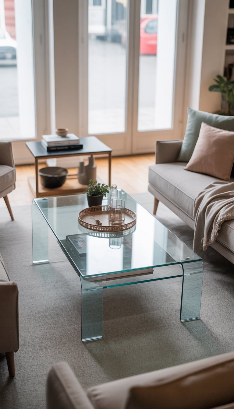 A small living room with a glass-top coffee table surrounded by seating and natural light coming through windows.