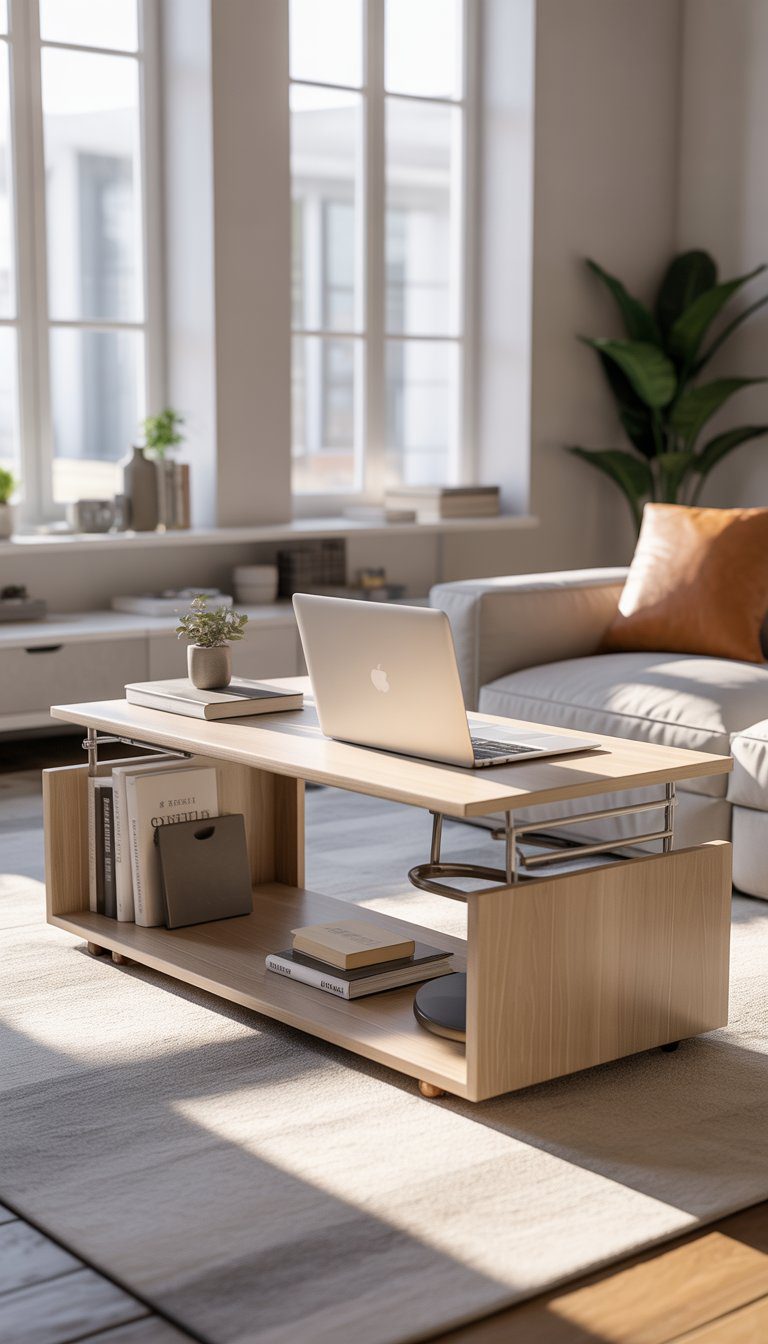 A small living room with a convertible coffee table extended into a desk, surrounded by a sofa and home decor.