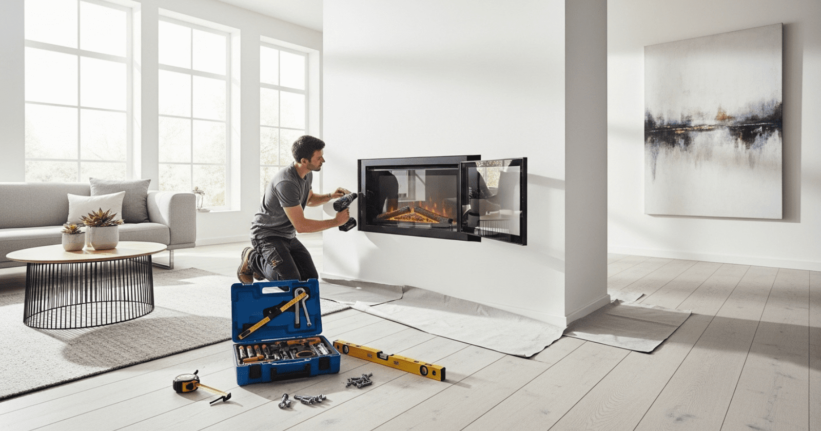 Person installing a wall-mounted electric fireplace on a white wall in a living room using tools.