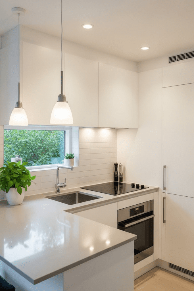 A small modern kitchen illuminated by recessed ceiling lights and pendant light fixtures above the countertop.