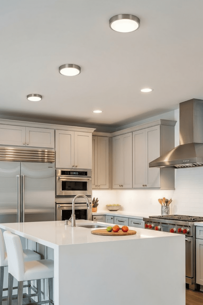 A small kitchen with slim flush mount ceiling lights, white cabinets, and a compact layout.