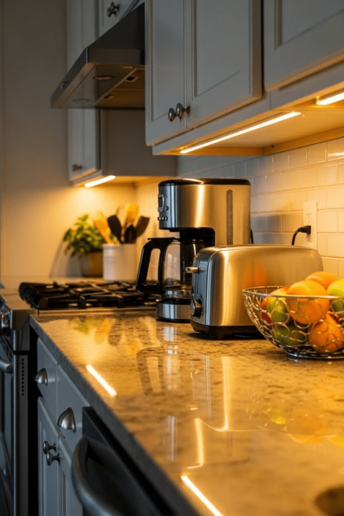 Small kitchen countertop illuminated by under-cabinet LED strip lights with kitchen items on the counter.
