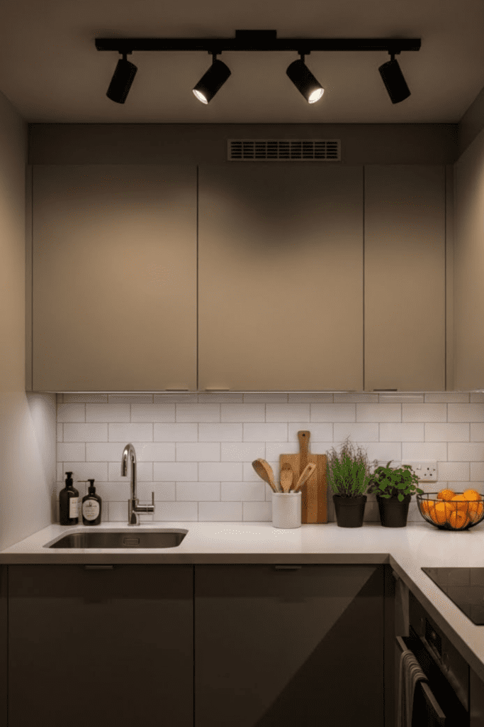A small kitchen with dimmable track lighting casting warm light over the countertop and sink.