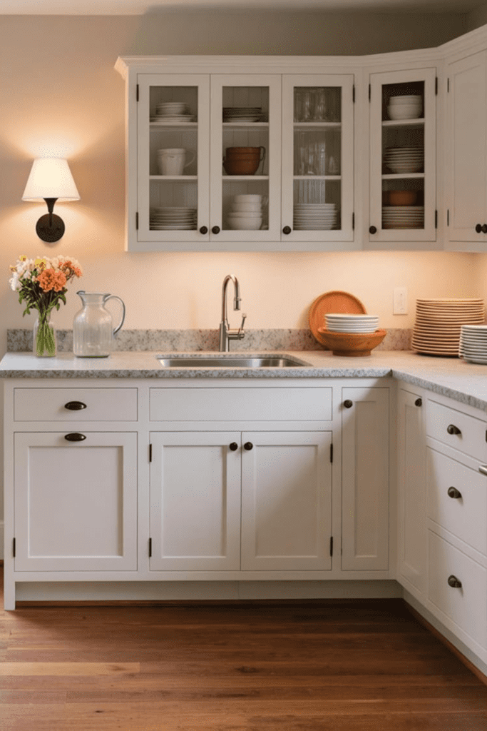 Small modern kitchen with warm wall sconces providing ambient light and a cozy atmosphere.
