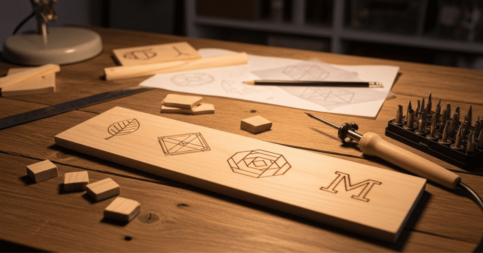 A workspace with a wooden table showing simple wood burning designs on a wood plank, a wood burning tool, and crafting materials.