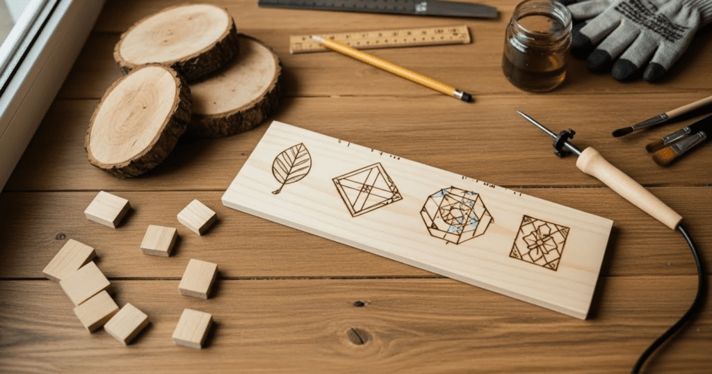 A workspace with a wooden table showing simple wood burning designs on a wood plank, a wood burning tool, and crafting materials.