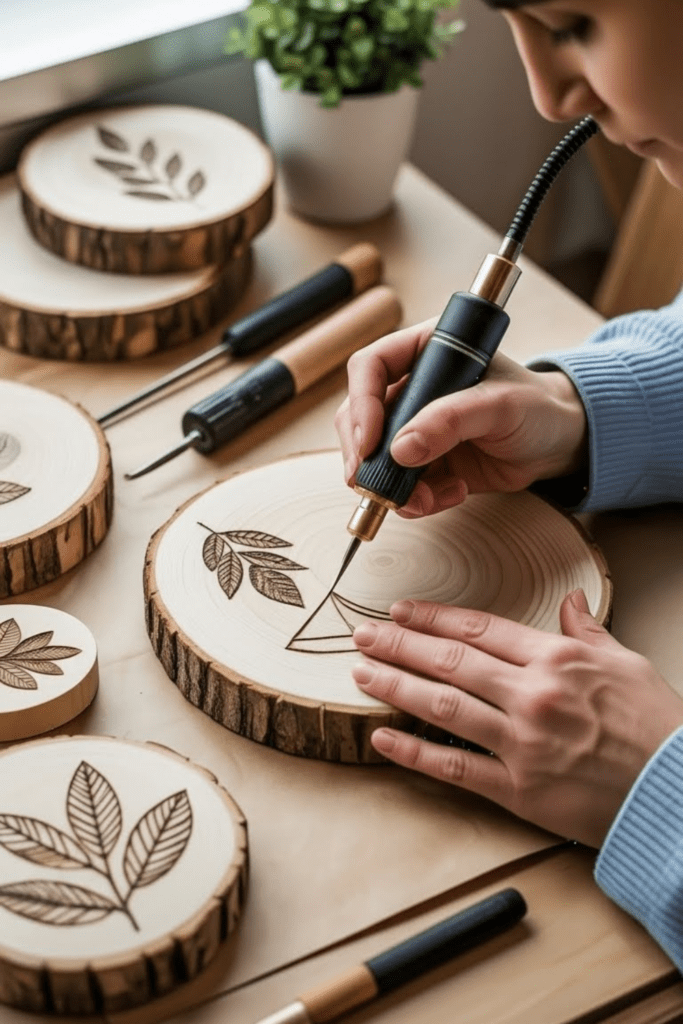 Close-up of hands using a wood burning tool to create designs on a wooden surface with simple wood burned patterns nearby.