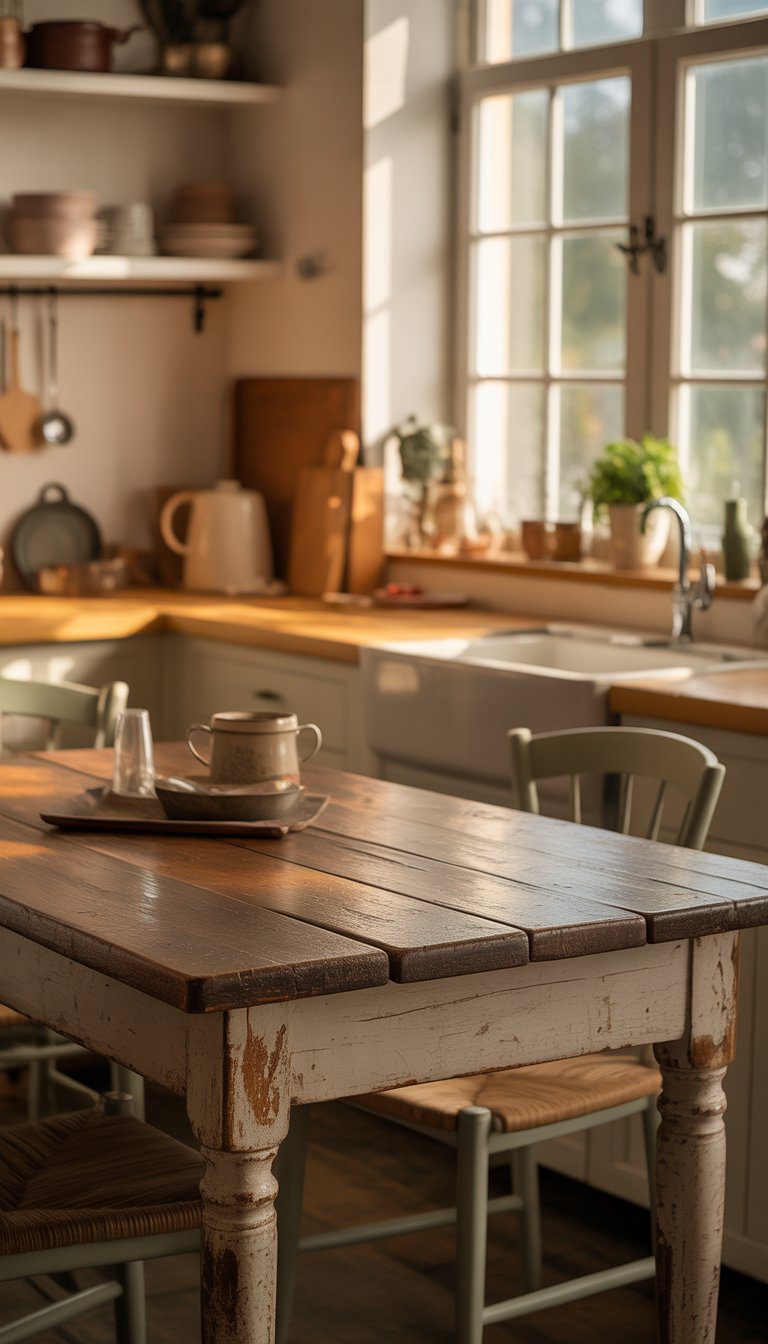 A small kitchen with a wooden table and chairs, sunlight coming through a window, and kitchen shelves in the background.