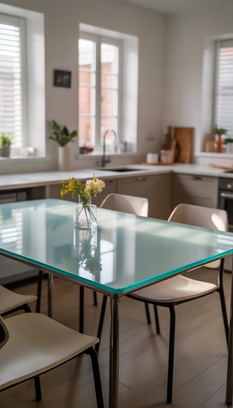 A small kitchen with a glass-top dining table surrounded by chairs, bright natural light, and clean, uncluttered surfaces.