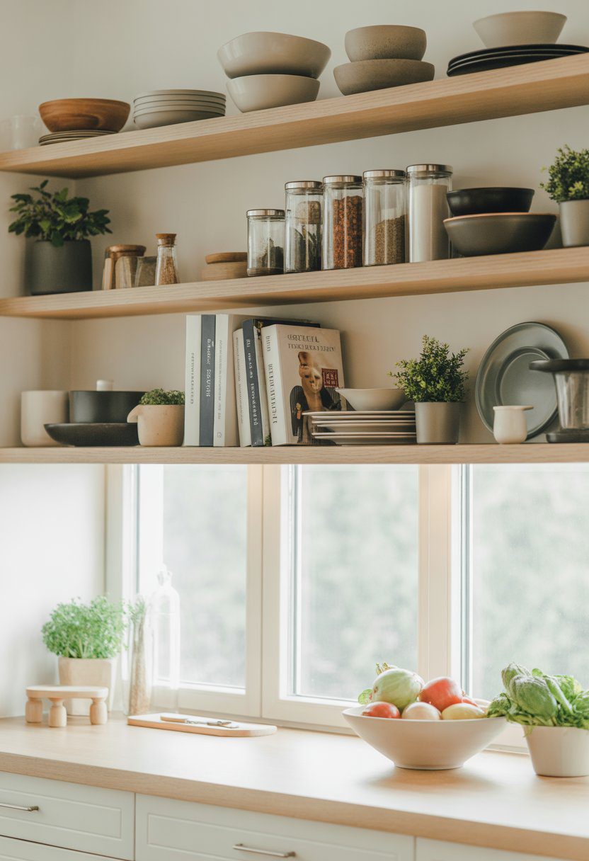 A kitchen with wooden shelves neatly arranged with kitchenware, jars, cookbooks, and plants, illuminated by natural light.