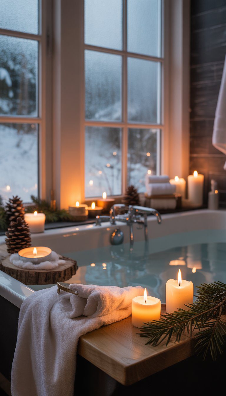 A bathroom with a freestanding bathtub surrounded by lit candles and winter-themed decorations, with a snowy scene visible through the window.