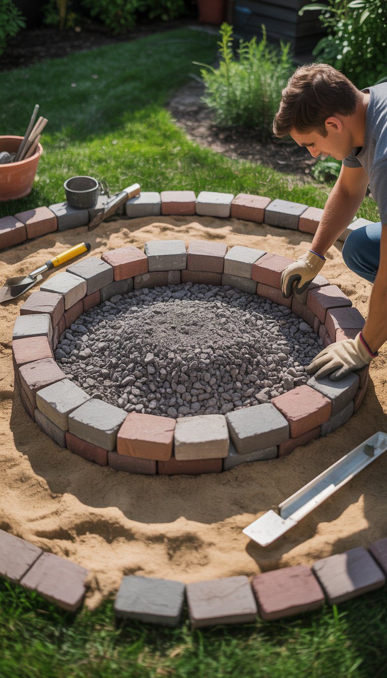 A person building a circular firepit base and border in a green backyard with tools and materials around.
