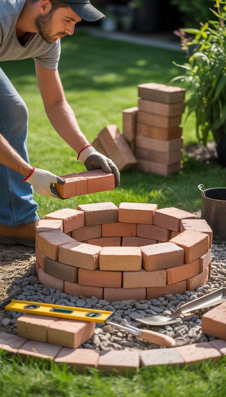 Person stacking firepit bricks in a backyard to build a circular fire pit.