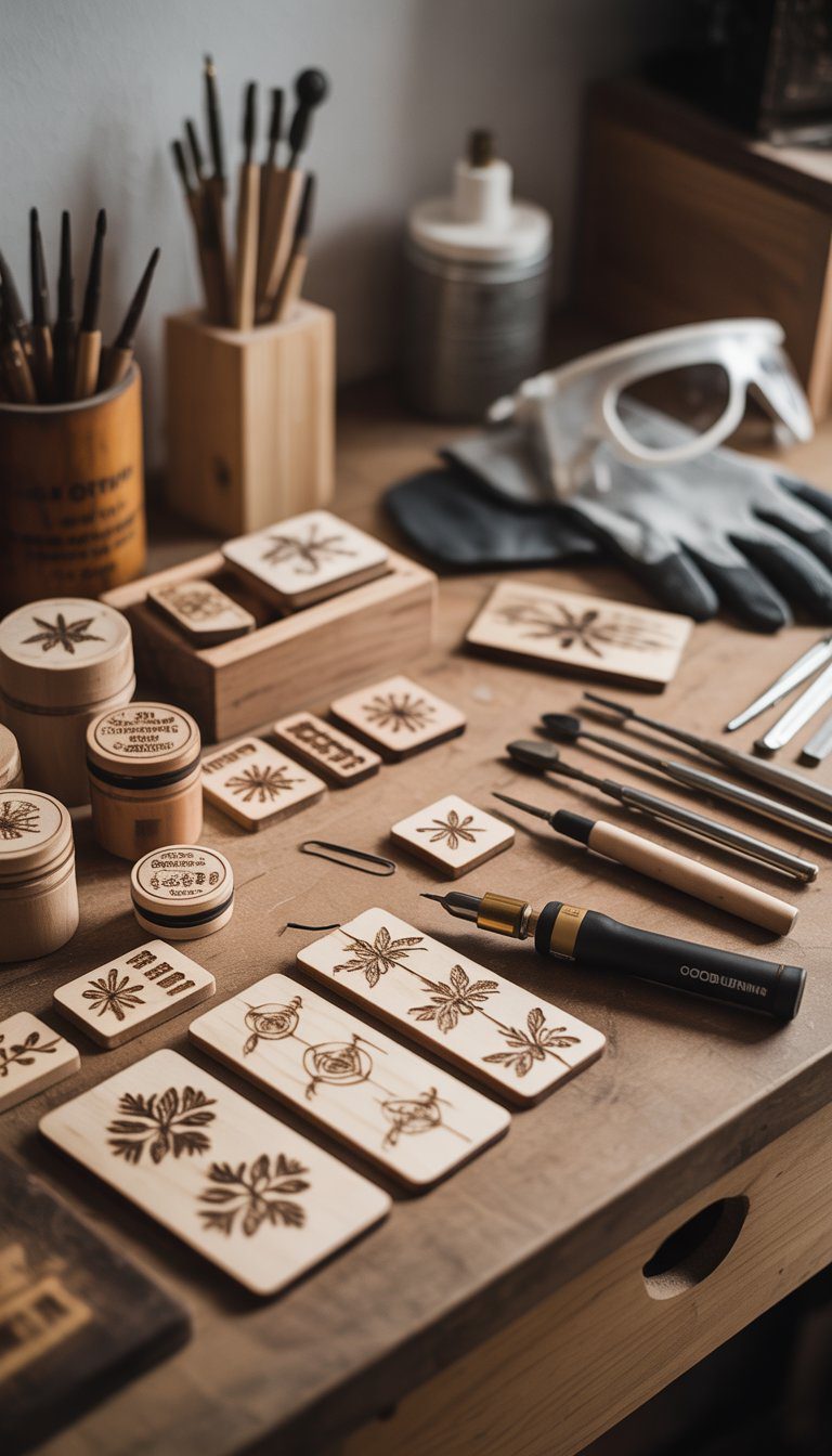 A wooden workbench with woodburning tools, wooden pieces with simple burn designs, and safety gloves arranged neatly.