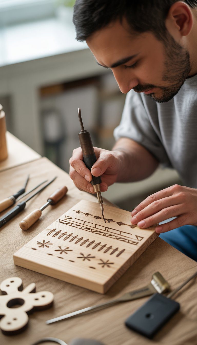 Close-up of hands using a wood burning tool to create simple patterns on a wooden plank.