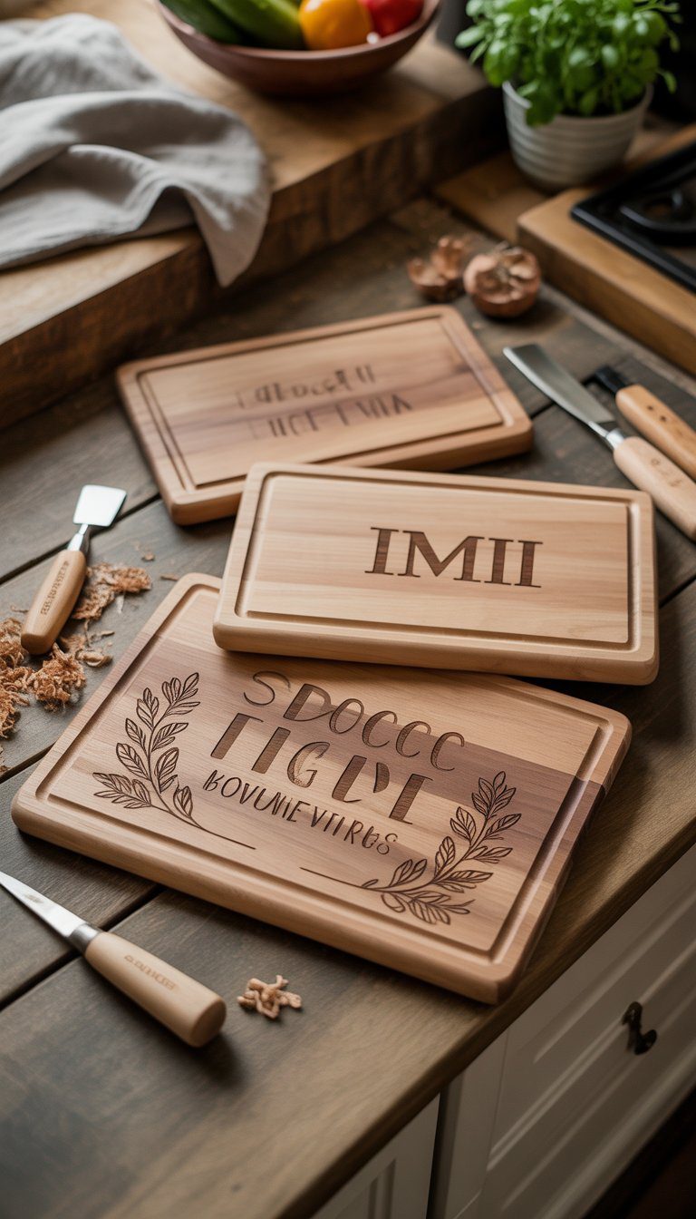 Personalized wooden cutting boards with simple engraved designs displayed on a kitchen countertop alongside wood carving tools and wood shavings.
