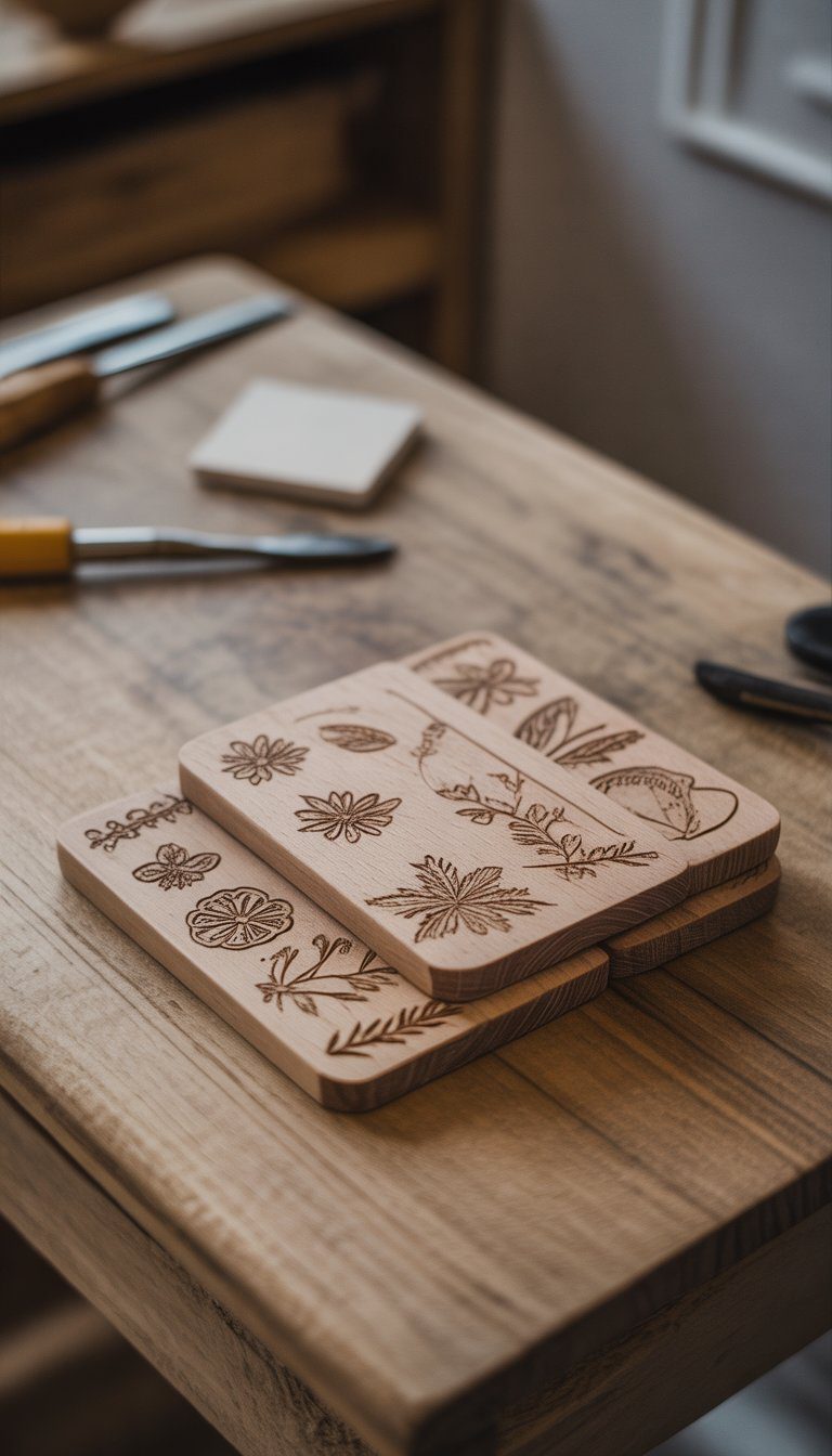 A set of engraved wooden coasters with simple decorative patterns placed on a wooden table with wood carving tools blurred in the background.