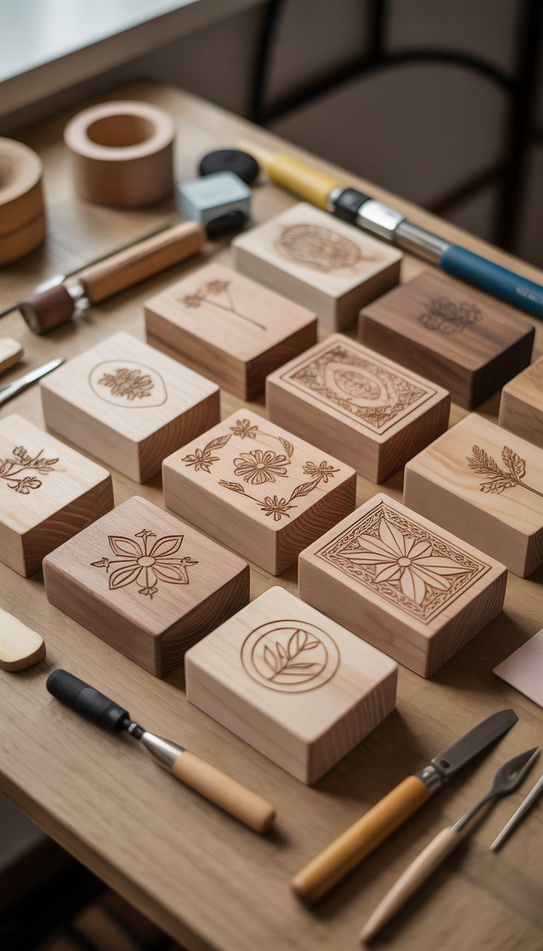 A collection of custom wooden boxes with simple engraved designs displayed on a table alongside wood engraving tools.