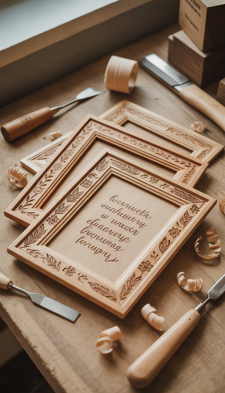 A collection of wooden picture frames with engraved designs on a table surrounded by wood engraving tools and wood shavings.