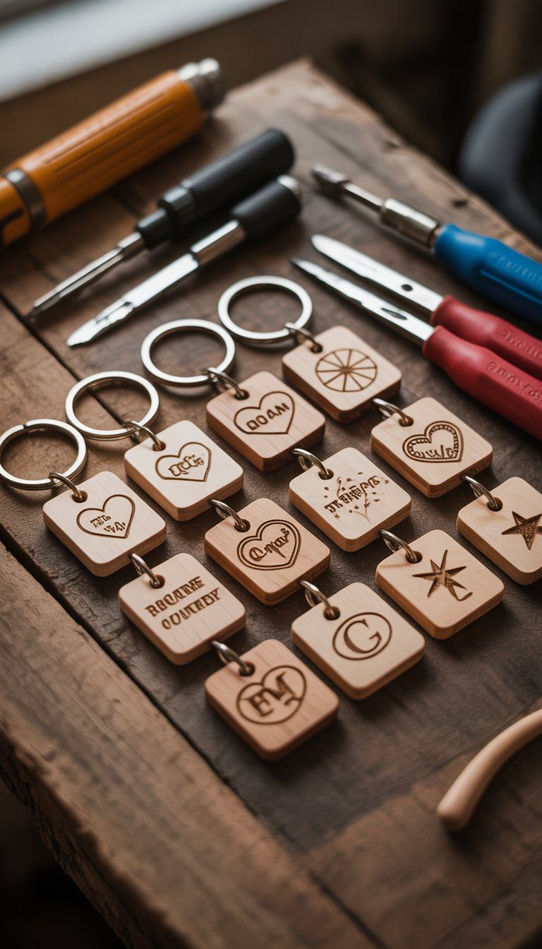 A collection of custom wooden keychains with engraved designs displayed on a wooden table alongside engraving tools.