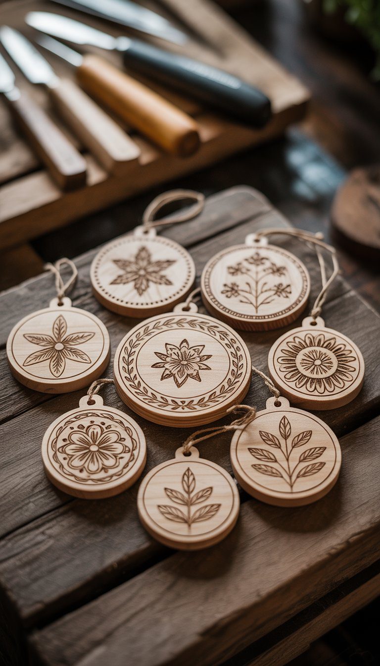 A collection of engraved wooden ornaments with detailed carvings displayed on a wooden table with woodworking tools in the background.
