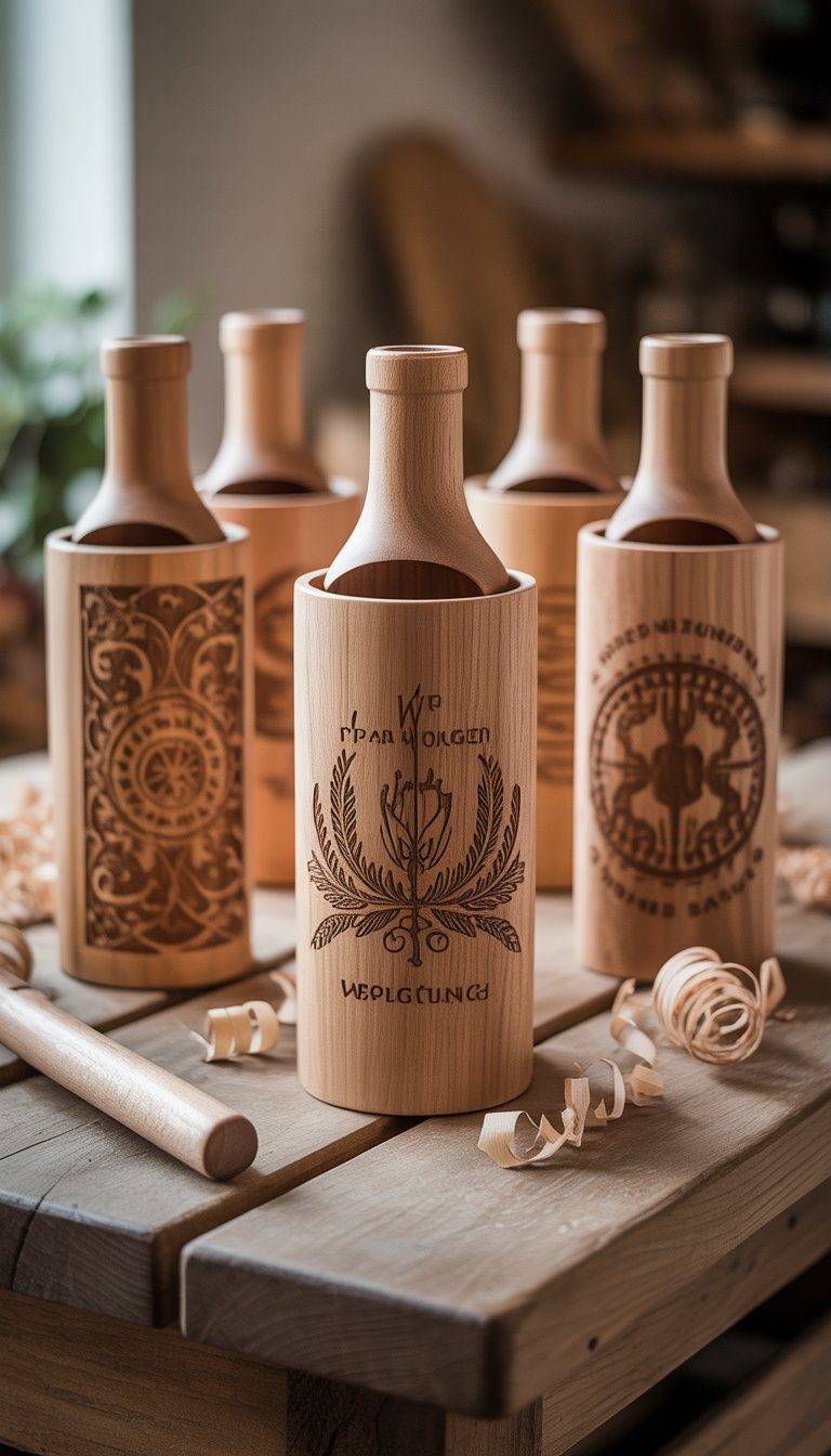 Wooden wine bottle holders with engraved designs displayed on a wooden table with woodworking tools nearby.