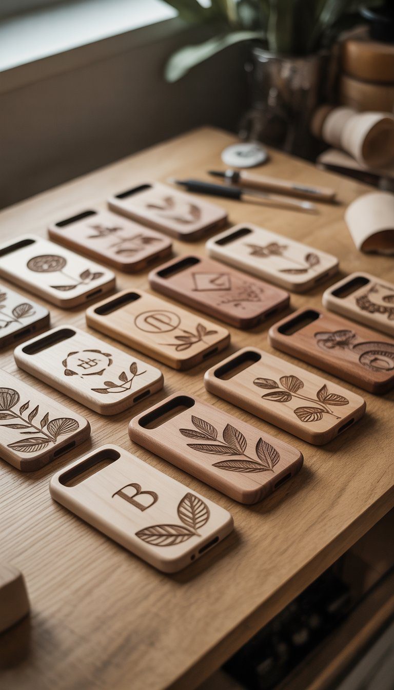 A collection of wooden phone stands with engraved designs displayed on a table with crafting tools in the background.