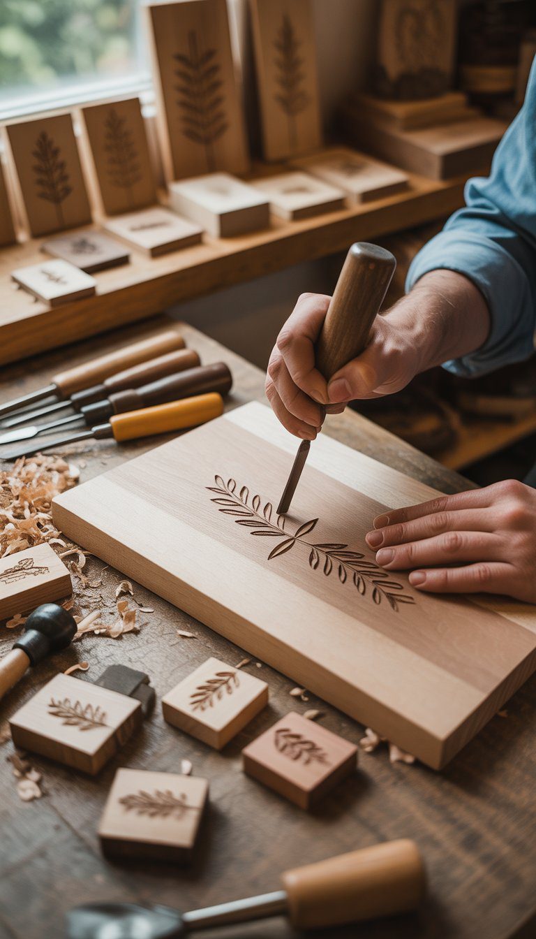 Hands engraving a wooden panel on a workbench with wood tools and wood shavings in a woodworking studio.