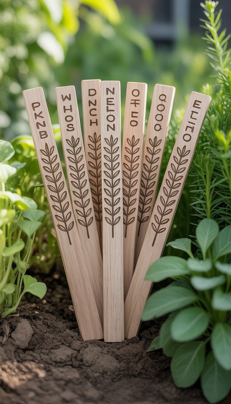 Wooden plant markers with engraved designs placed in soil among green plants in a garden.