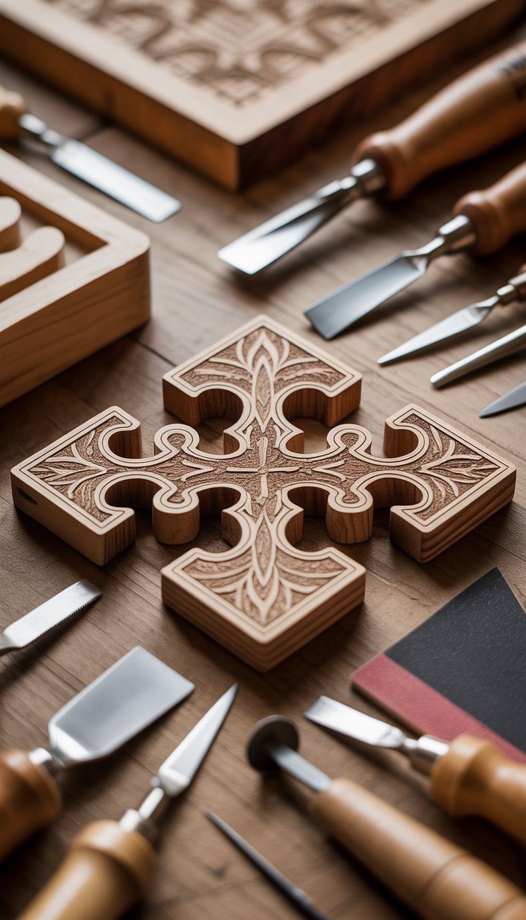 Close-up of a wooden puzzle with engraved patterns on a table surrounded by wood engraving tools.