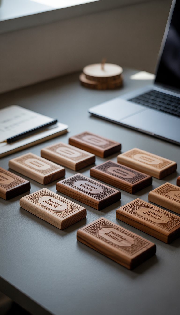 A collection of wooden business card holders with engraved designs displayed on a desk with office items in the background.