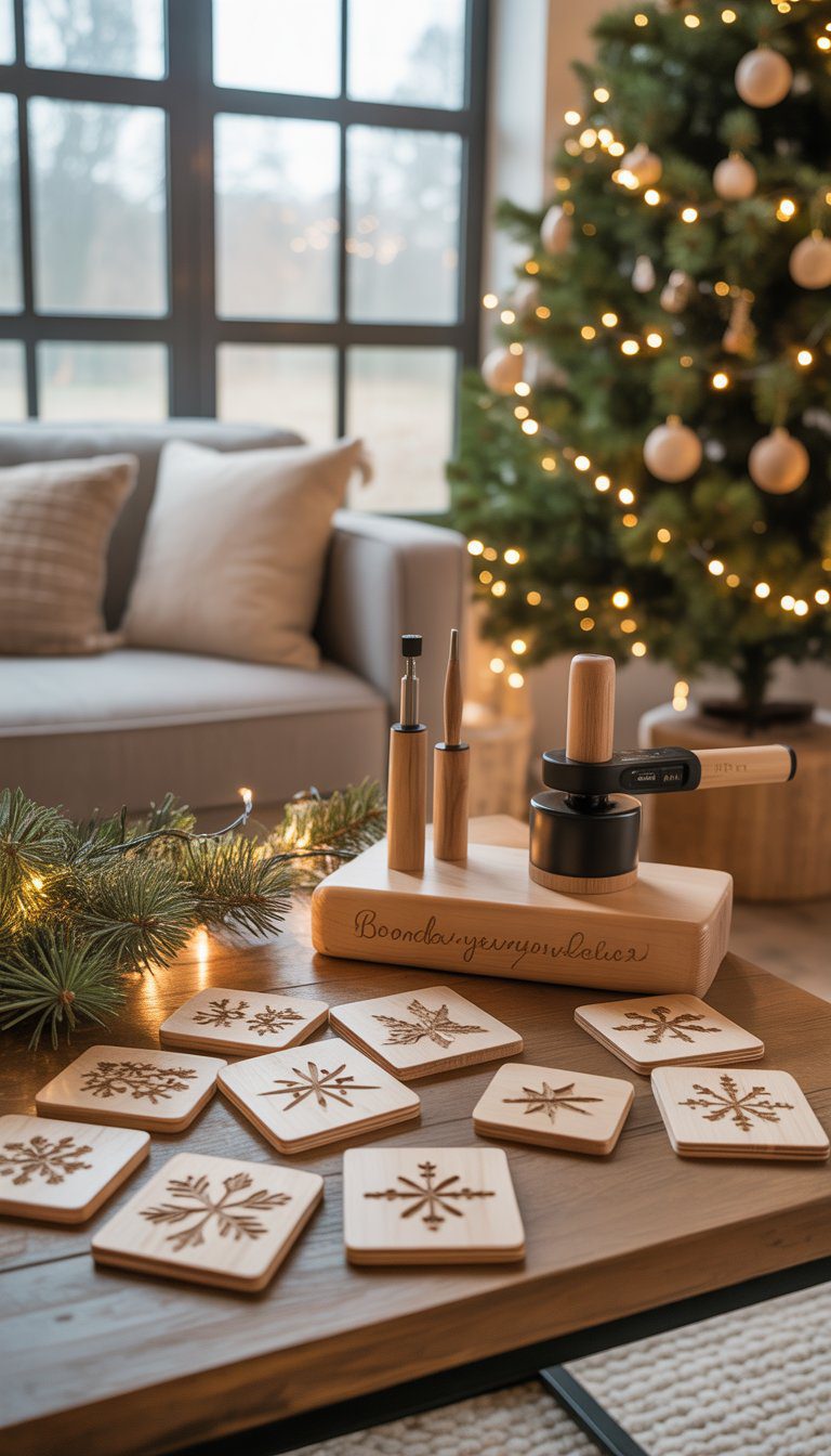 Cozy holiday living room with wood-engraved ornaments and beginner wood engraving tools on a wooden table next to a decorated Christmas tree.