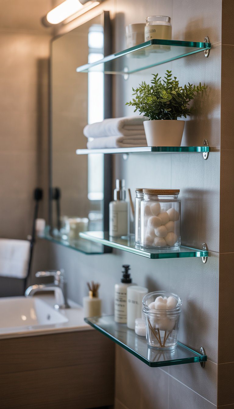 Small bathroom with glass shelves holding towels, toiletries, and a plant above a modern sink.