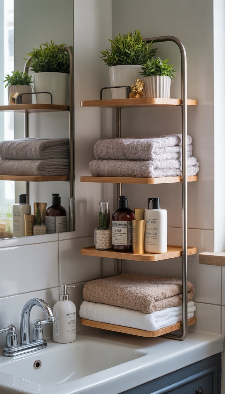 A small bathroom corner with tiered shelves holding towels, plants, and toiletries next to a sink.