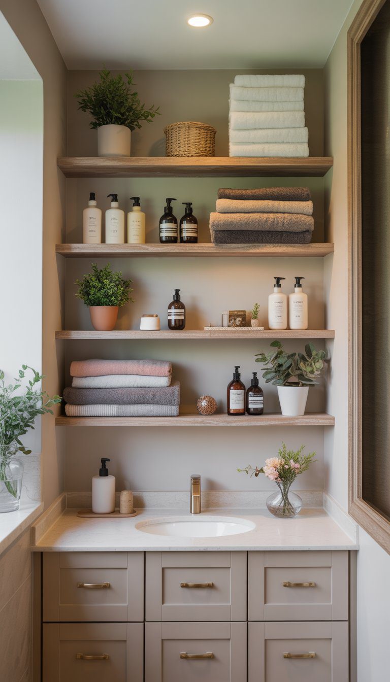 Small bathroom with open shelves holding towels, toiletries, and plants above a countertop.