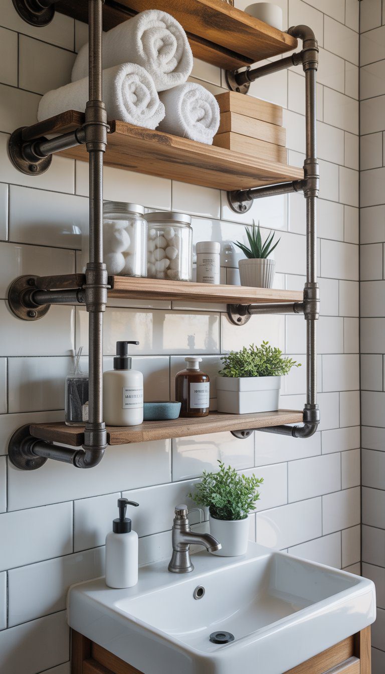 Small bathroom with industrial pipe shelves holding towels, jars, and plants above a modern sink.