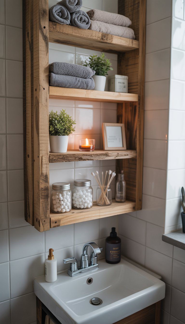 Small bathroom with a DIY reclaimed wood shelf holding towels, plants, and bathroom essentials above a sink.
