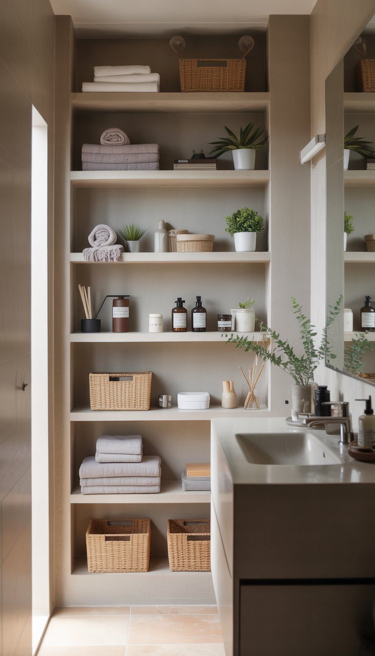 A small bathroom with built-in wall shelves holding towels, plants, and toiletries, next to a sink and mirror.