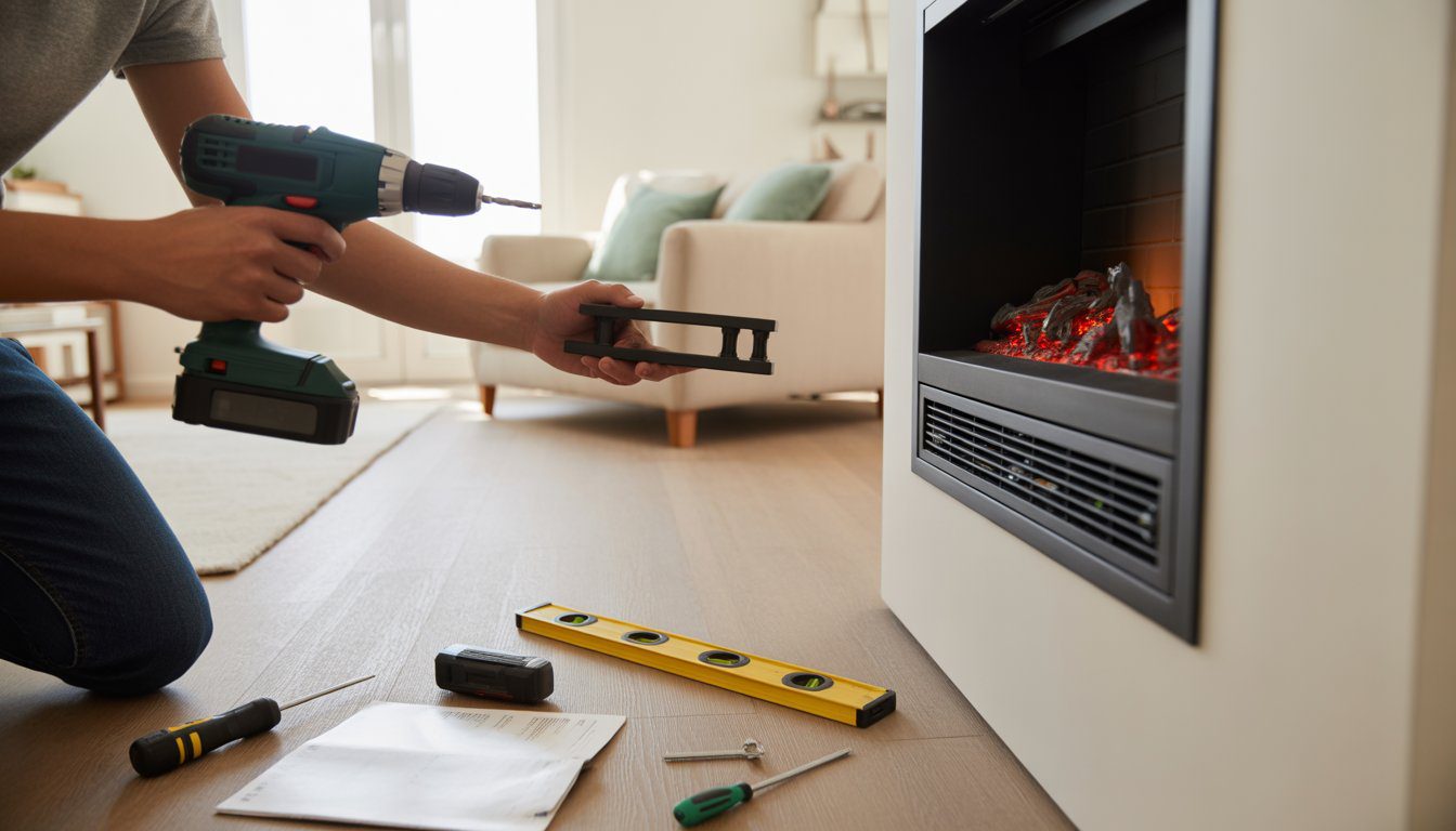 Hands holding a cordless drill and mounting brackets with tools and an instruction manual on the floor near a living room wall.
