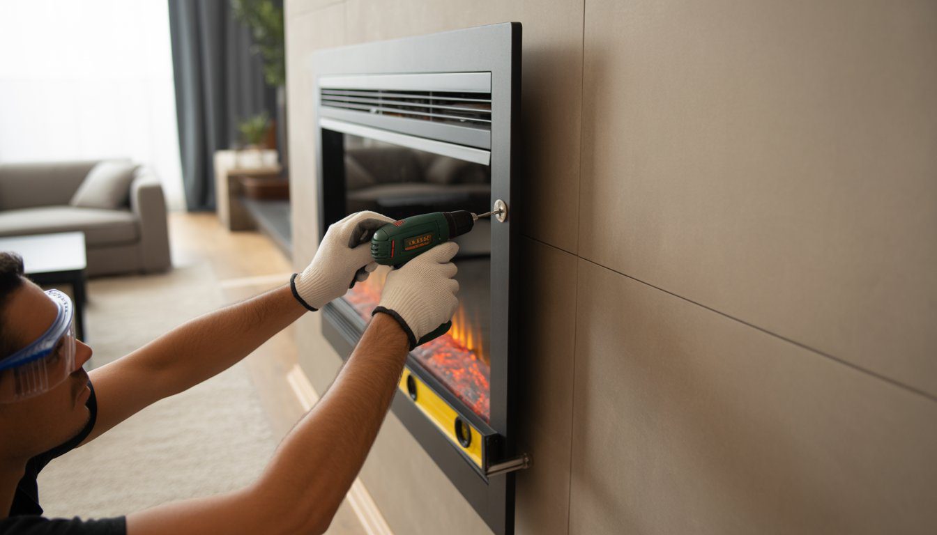 Person installing a wall-mounted electric fireplace in a living room using tools.