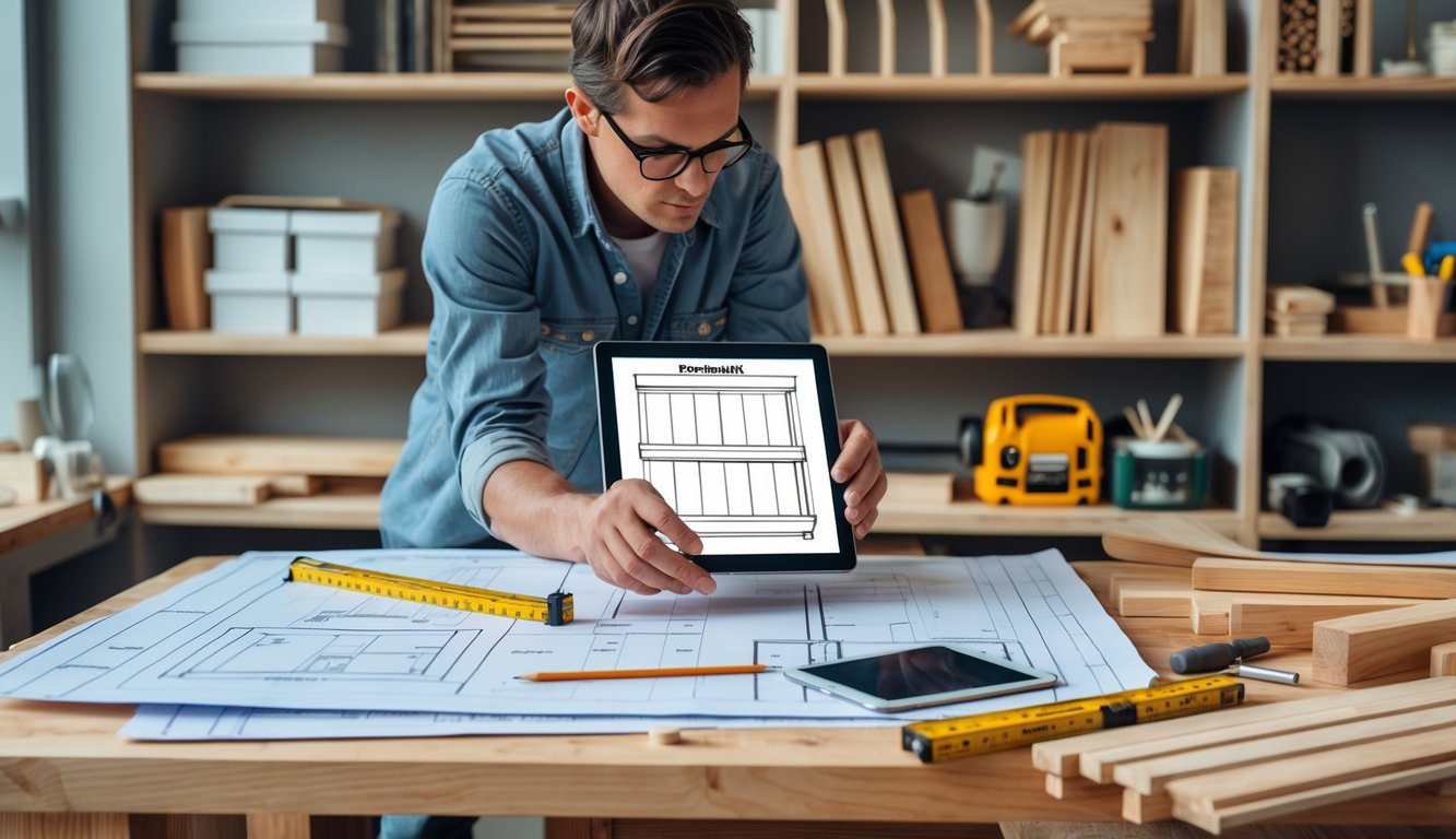 Person reviewing bookshelf plans at a workspace with tools and wooden materials nearby.