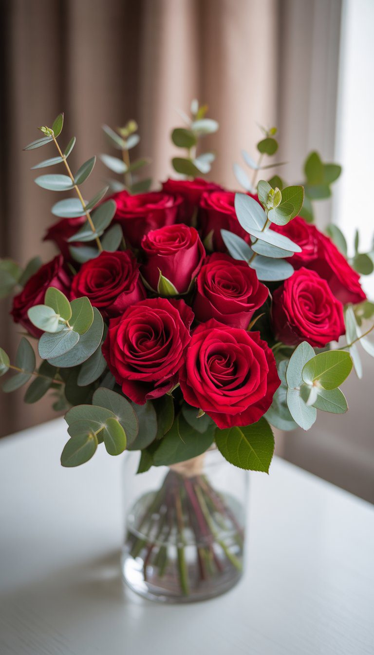 A bouquet of red roses with eucalyptus leaves in a clear glass vase on a white surface.