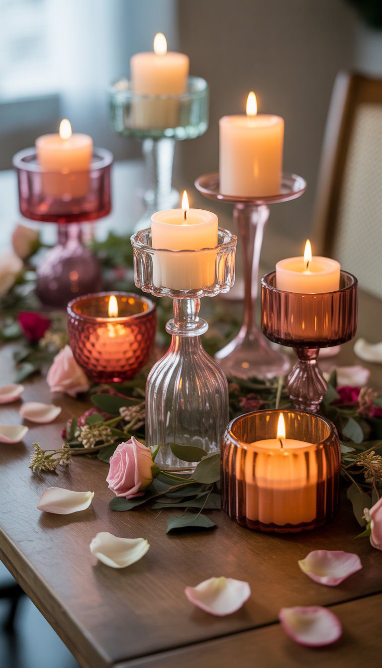 A table with vintage glass candle holders holding lit candles surrounded by rose petals and small flowers.