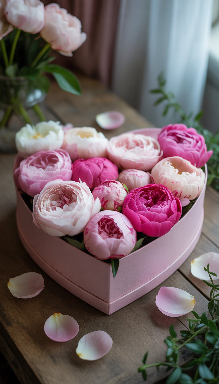 A heart-shaped box filled with fresh pink and white peonies placed on a wooden table.