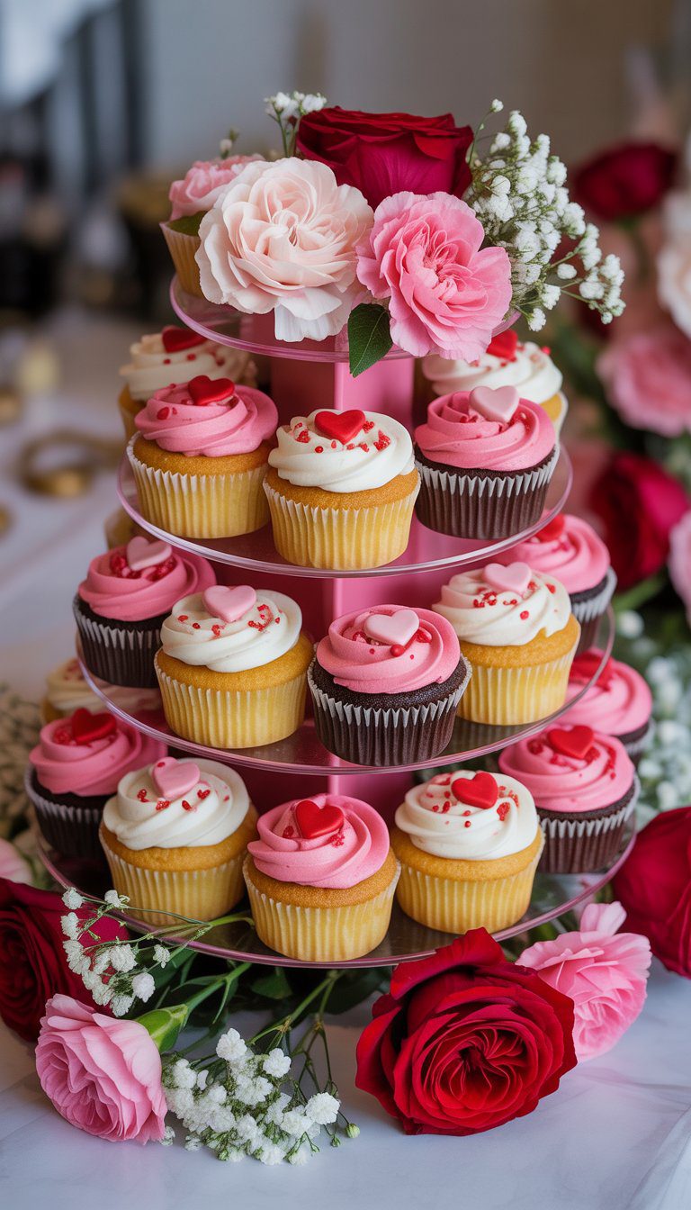 A multi-tiered tower of mini cupcakes decorated with pink and red frosting, surrounded by red and pink flowers on a table.