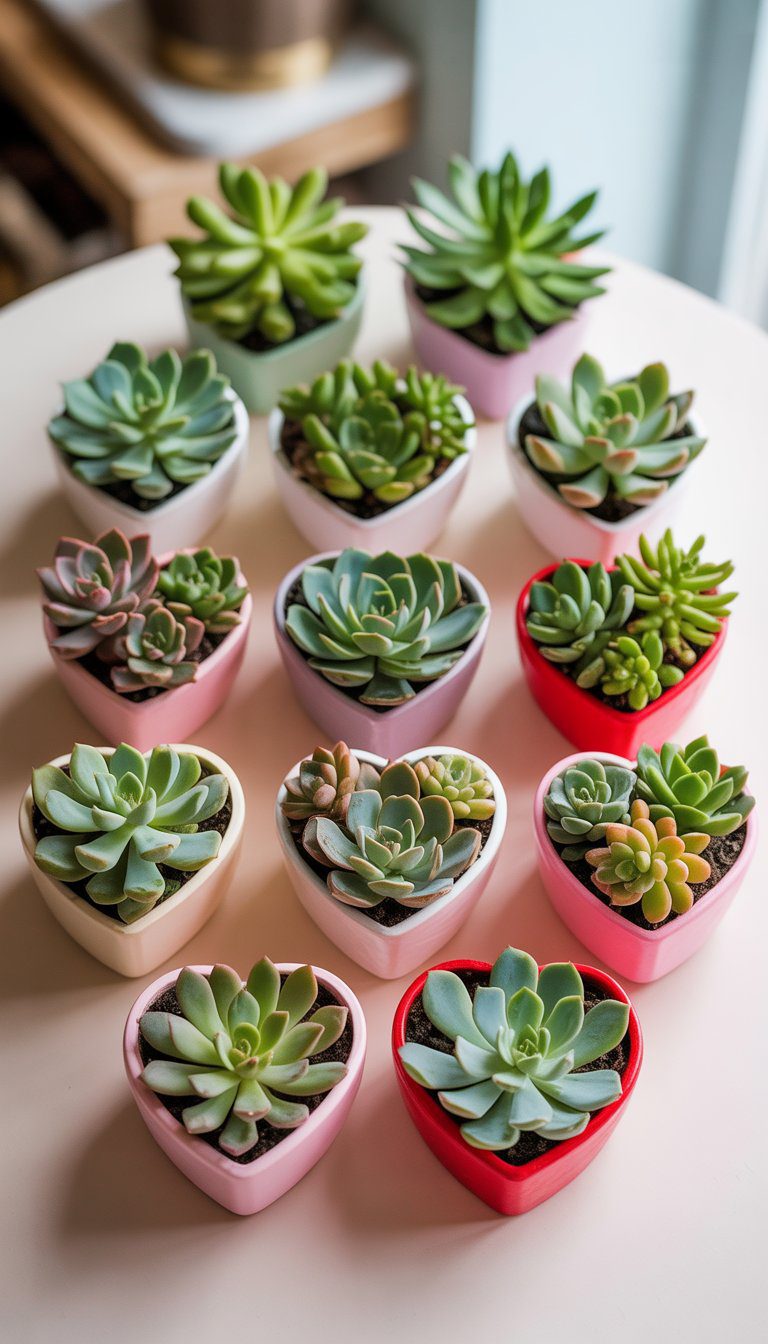 Twelve small heart-shaped containers filled with various colorful succulents arranged as Valentine's Day centerpieces on a light surface.