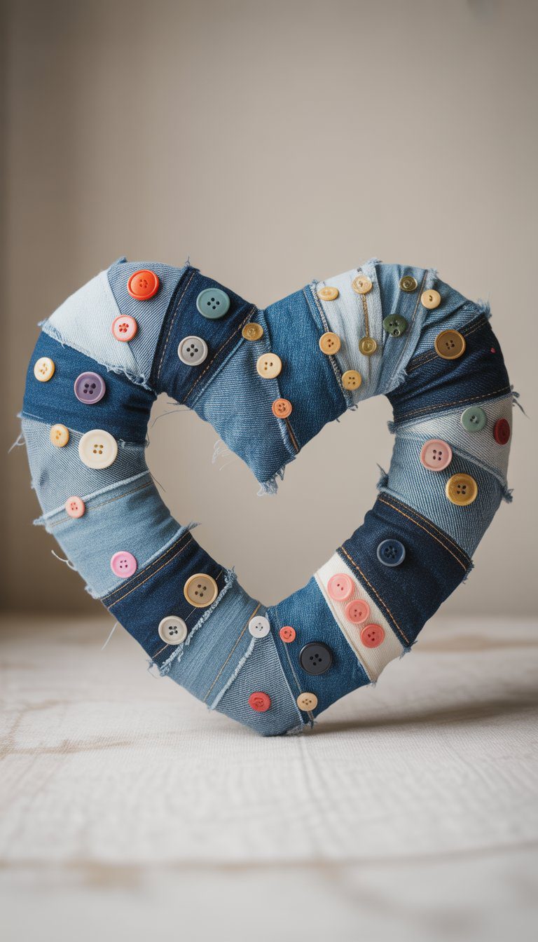 A heart-shaped wreath made from strips of denim fabric with colorful buttons attached, displayed on a plain background.