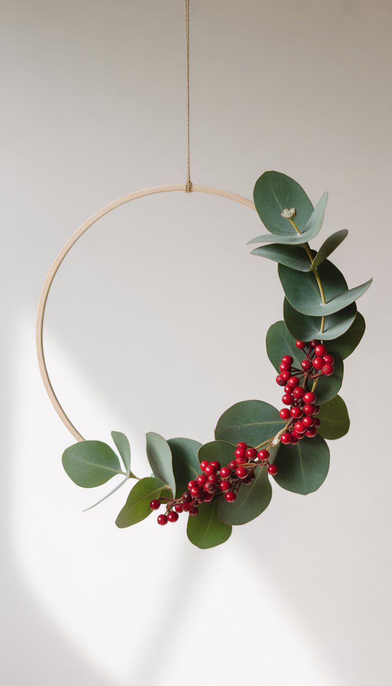 A minimalist hoop wreath decorated with eucalyptus leaves and red berries against a plain background.