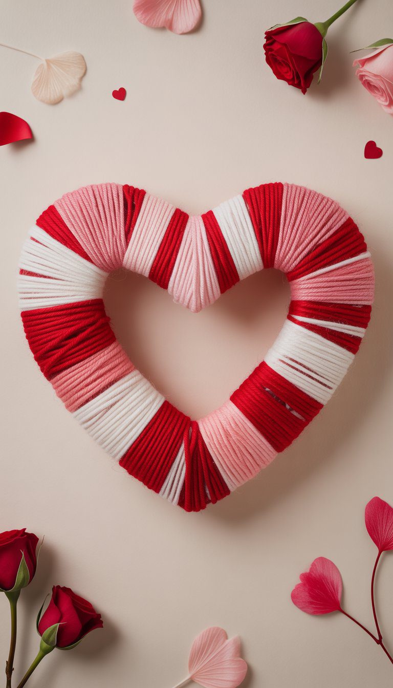 A heart-shaped wreath wrapped in red, pink, and white yarn with small roses and heart-shaped decorations around it on a neutral background.